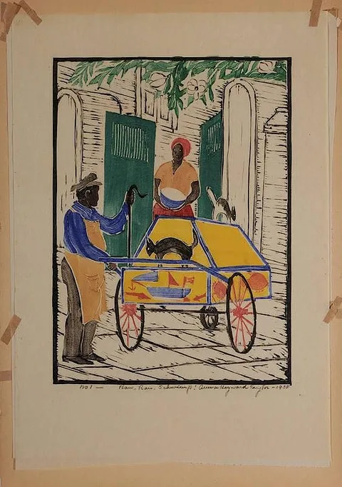 Anna Heyward Taylor, Raw, Raw, Shrimp!, 1938, color wood block on paper