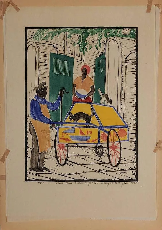 Anna Heyward Taylor, Raw, Raw, Shrimp!, 1938, color wood block on paper