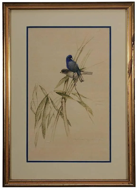 Athos Menaboni, Blue Birds on River Cane, pastel on silk