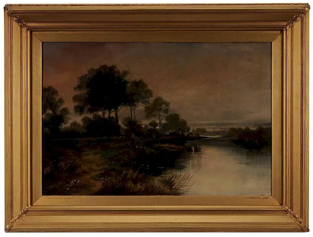 N. Roberts, River Landscape with Two Figures on a Path, oil on canvas