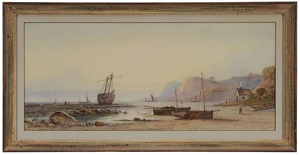 E. Lewis, Fishing Vessels on a Beach, watercolor on paper