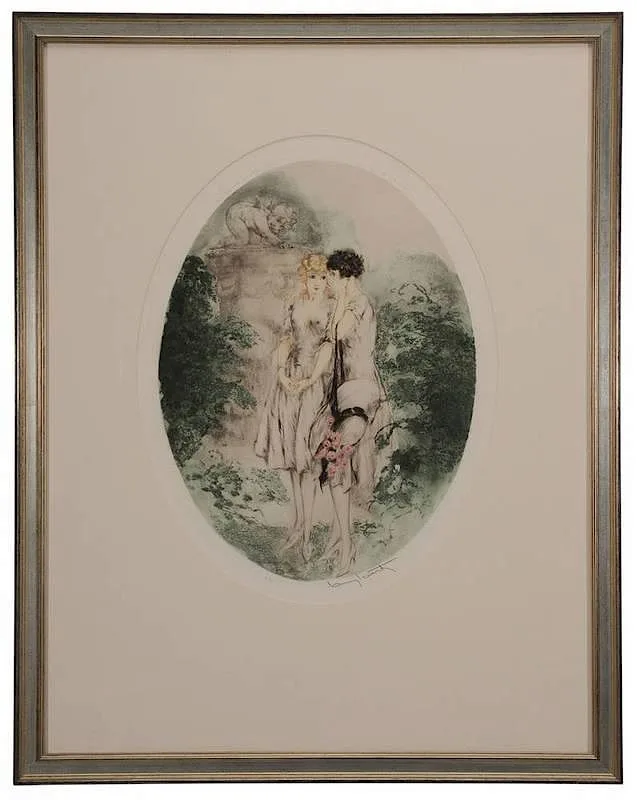 Listen ([Écouté]) by Louis Icart, 1928, color drypoint etching on paper with "M Robbe Fils" and "BFK Rives" watermarks, sold Sep 2014