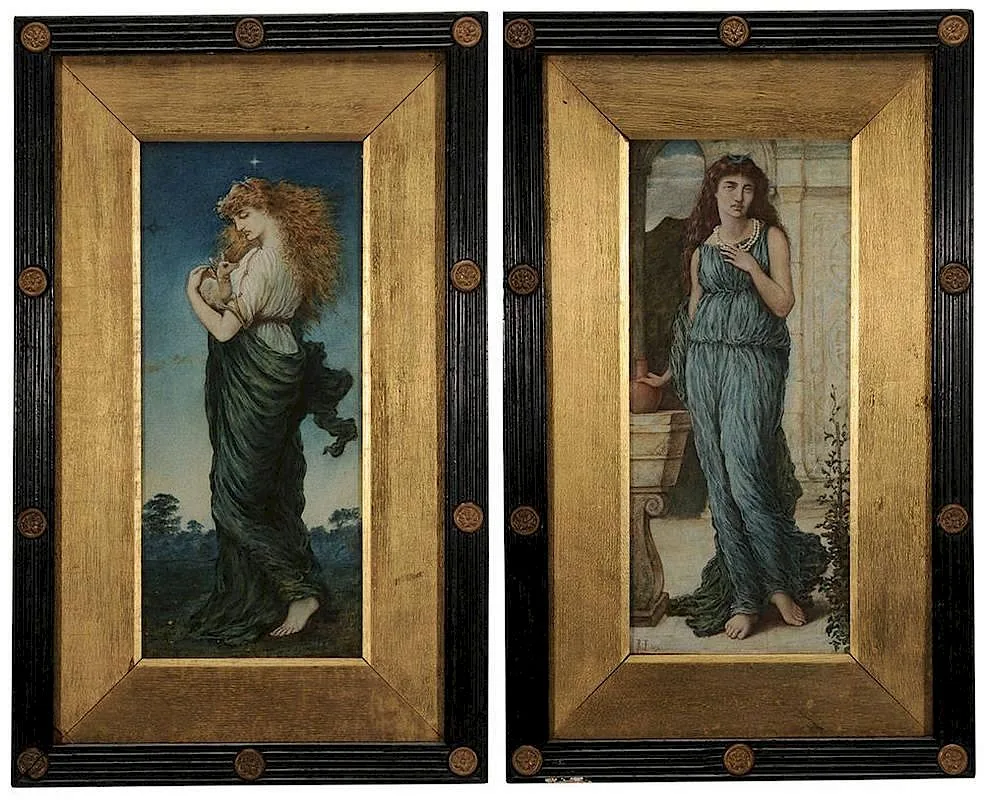 Robert Fowler, Pair Pre-Raphaelite works: Woman in Blue Gown Grasping Pearls and Jug, Woman in Green Robe Carrying Fawn, one signed lower left "R.F. 1874, gouache on card