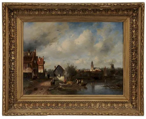 Charles Henri Leickert, Town View with Barge and Windmill, oil on canvas