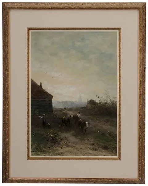 Jan Vrolijk, Cows on a Path with Distant City View, watercolor and gouache on paper