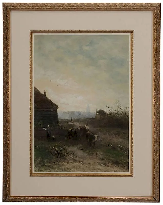 Jan Vrolijk, Cows on a Path with Distant City View, watercolor and gouache on paper
