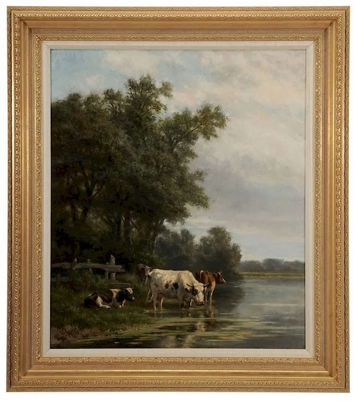 Cows in Stream by Hendrik Savrij, oil on canvas, sold Sep 2014