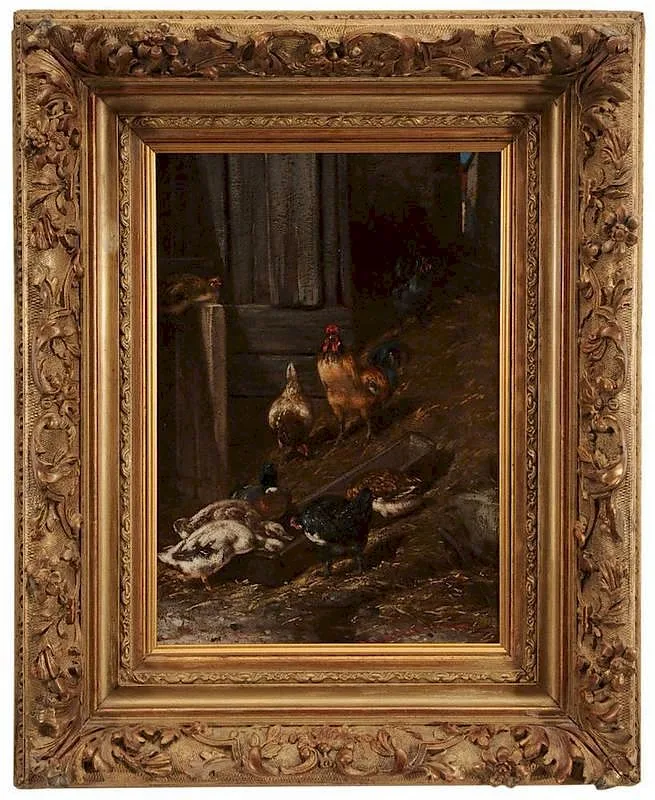 Philibert Leon Couturier, Chickens and Ducks Feeding at a Trough, oil on canvas