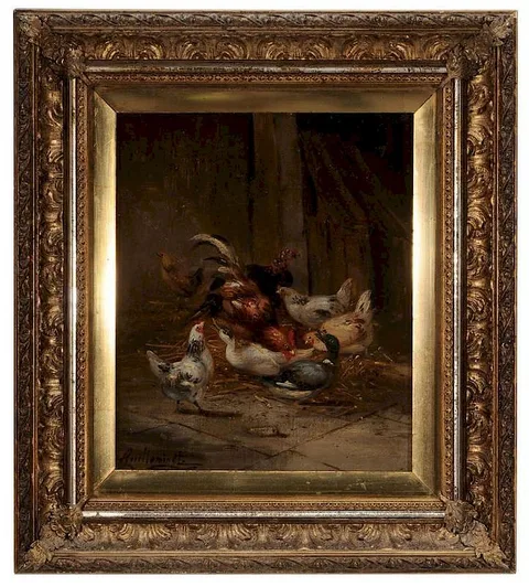 Claude Guilleminet, Chickens and Ducks in a Barn, oil on canvas