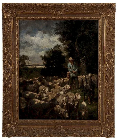 Charles Jacque, Shepherd with Flock of Sheep, oil on canvas with "L'Asset & L'Hote..Paris" colourman stamp