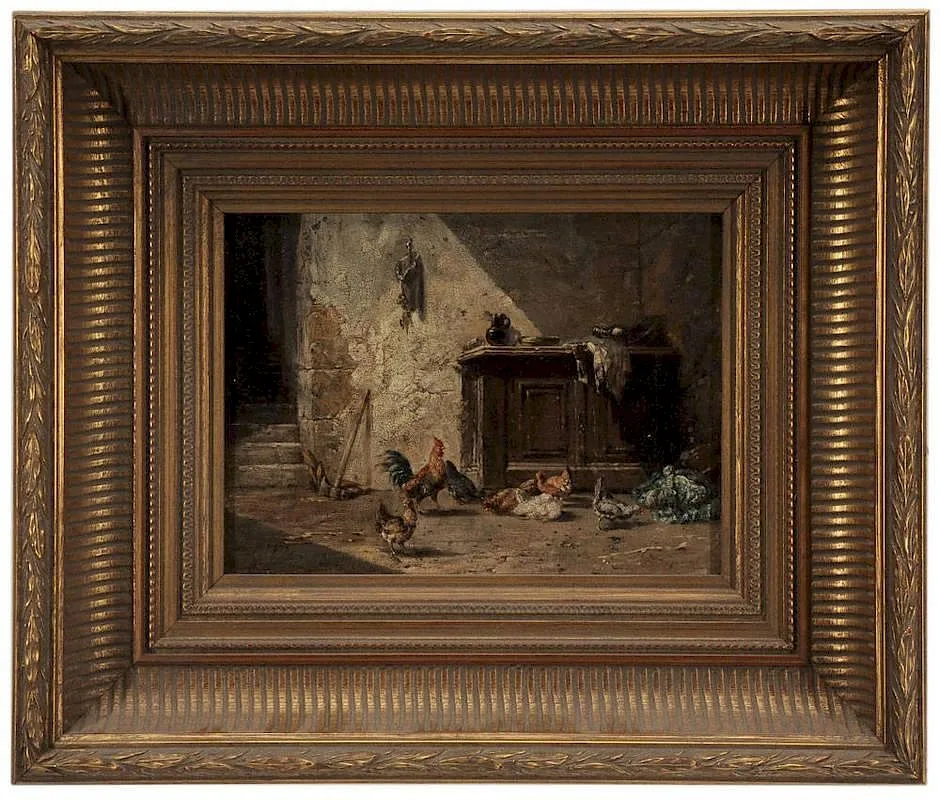 Chickens in a Courtyard by Charles Jacque, oil on tin, sold Sep 2014