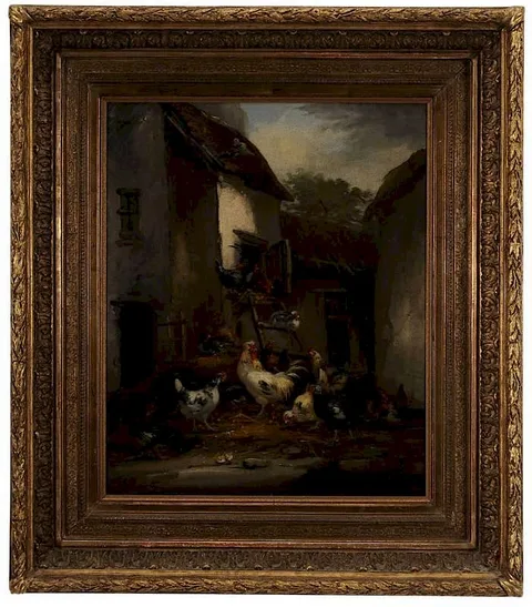 Claude Guilleminet, Chickens in Barnyard, oil on canvas