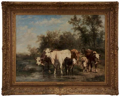 Cows Crossing Stream by Marie Diéterle, oil on canvas, sold Sep 2014