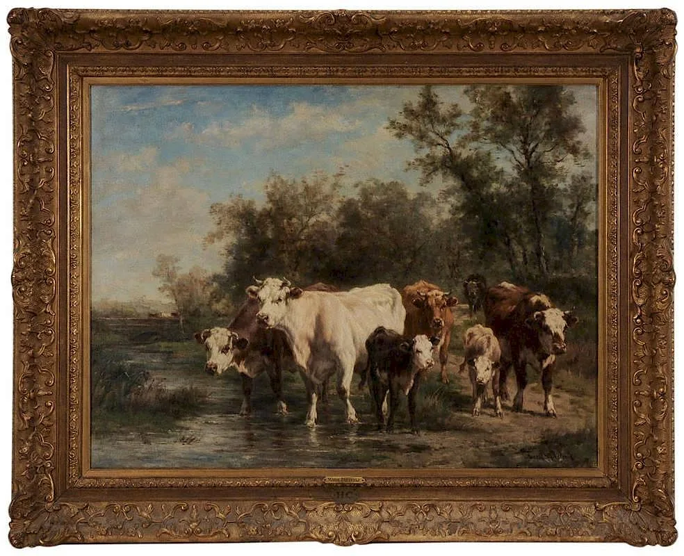 Cows Crossing Stream by Marie Diéterle, oil on canvas, sold Sep 2014