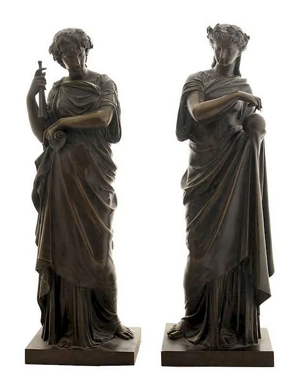 Two Allegorical Neoclassical Figures representing Science and Music by Mathurin Moreau, patinated bronze, sold Sep 2014
