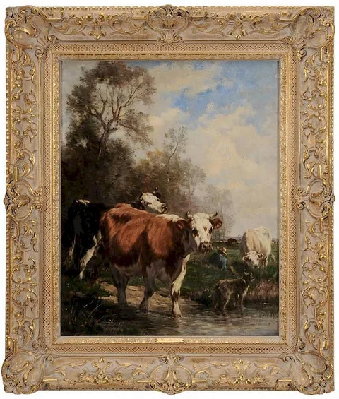 Cows with Shepherd and Dog in Marsh by Marie Diéterle, oil on canvas, sold Sep 2014