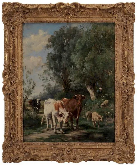 Cows and Sheep on a Path by Marie Diéterle, oil on canvas, sold Sep 2014