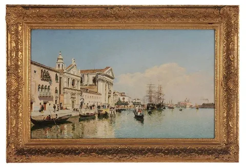 A View of the [Canal della Giudecca] with shipping and views of [Chiesa dei Gesuati] and [San Giorgio Maggiore] by Federico del Campo, oil on canvas, offered Sep 2014
