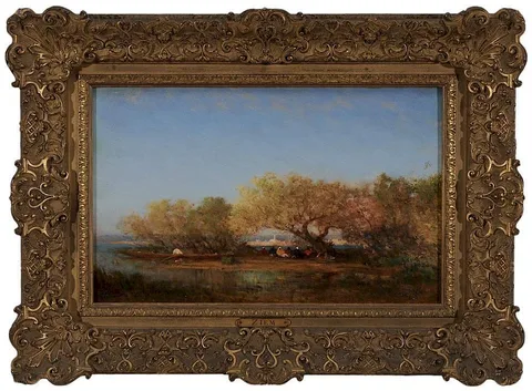 Félix Ziem, On the Bosporus with View of Constantinople, figures under trees with Caique, oil on panel