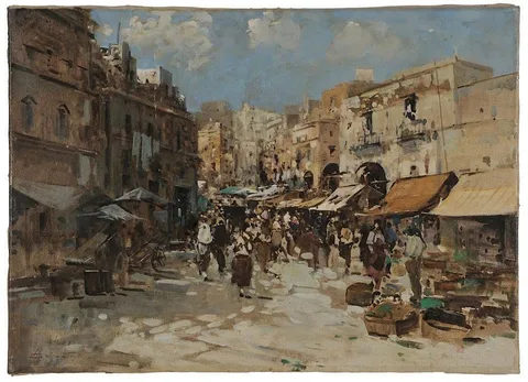 Spanish Street Market by Eugène Galien-Laloue, oil on canvas, sold Sep 2014