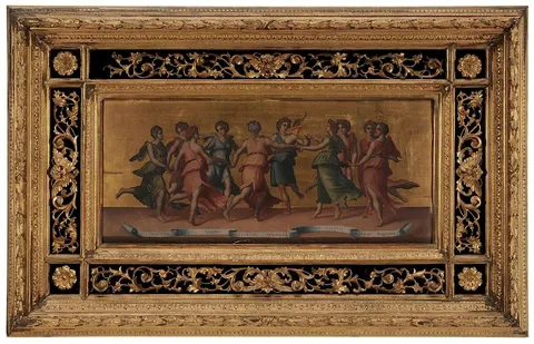 Giulio Romano, The Muses Dancing with Apollo, late 19th century copy after a painting held by the Pitti Palace, oil and gilding on panel