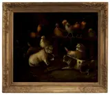George Armfield, Cairn Terriers with Chickens in a Barn