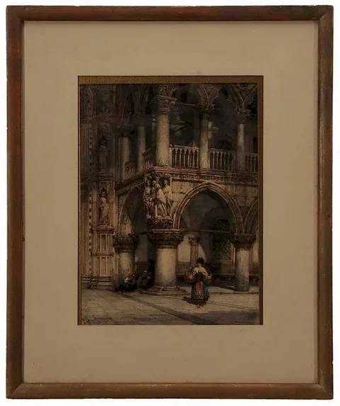 William Wyld, Italian Figures in Cathedral Portico, Venice, watercolor and ink on paper