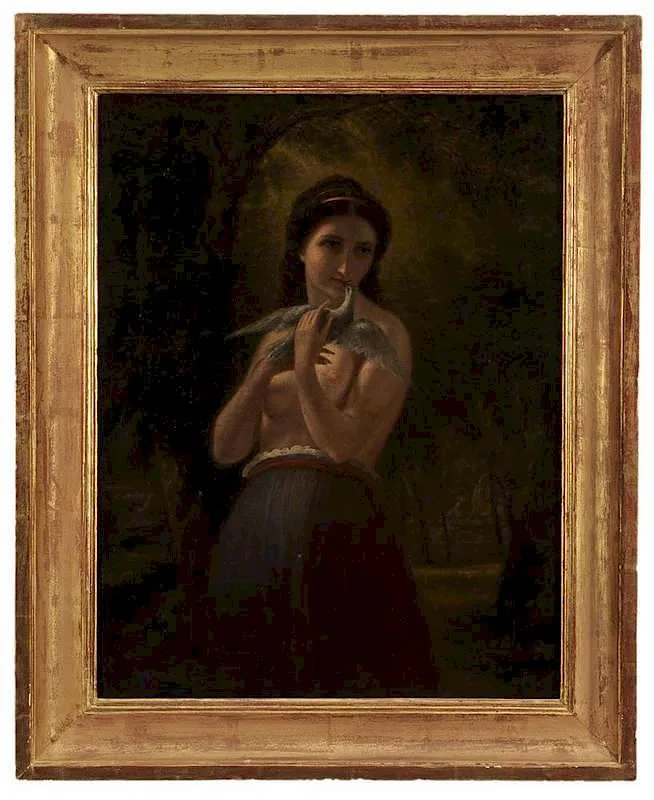 William Mulready, The Annunciation, young woman holding dove in a landscape, oil on canvas