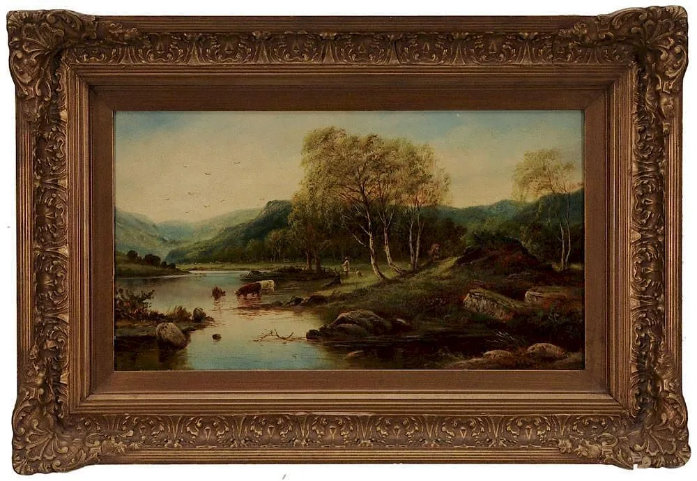 W. J. Crampton, Highland Landscape with Fisherman, oil on fiberboard