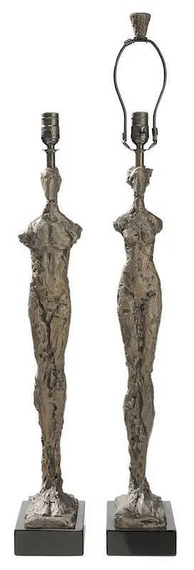 Thomas Corbin, Man and Woman figural lamps, patinated bronze on black marble bases