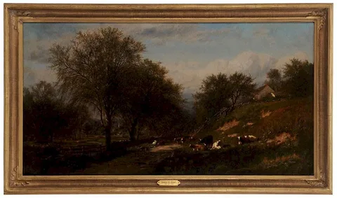 James McDougal Hart, Cows in a Meadow by a Stream, oil on canvas