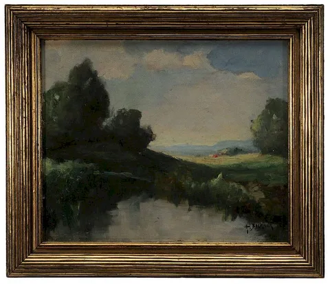Arthur Beckwith, River Landscape, oil on plywood