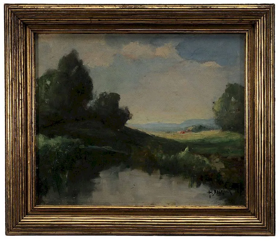 River Landscape by Arthur Beckwith, oil on plywood, sold Sep 2014