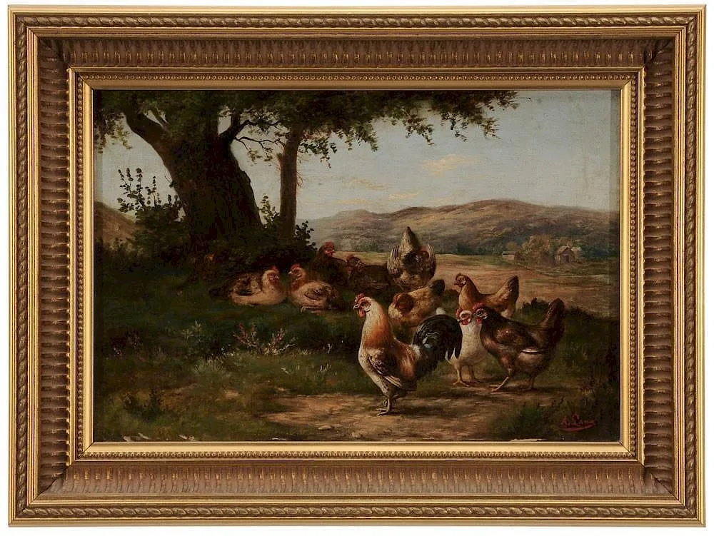 Chickens in a Yard by August Laux, oil on canvas, sold Sep 2014