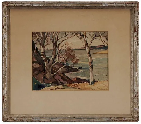 William Lester Stevens, Shoreline Birches, watercolor on paper