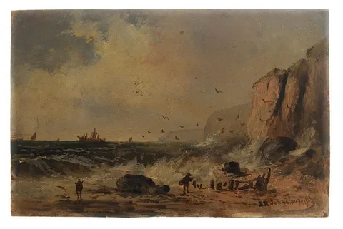 John R. Johnston, Figures on a Rocky Beach, oil on card