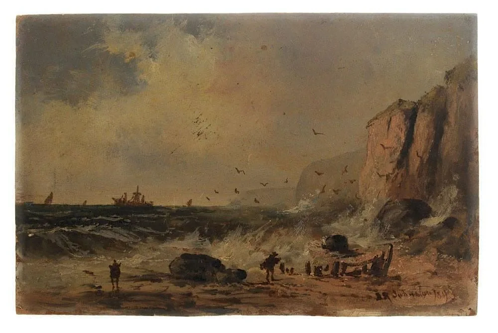 Figures on a Rocky Beach by John R. Johnston, oil on card, sold Sep 2014