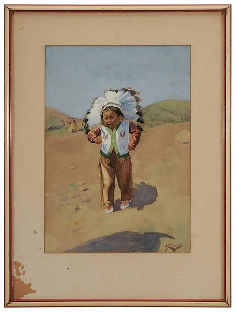 Edmund Morris, Crying Native American Child, gouache over pencil on paper laid on card
