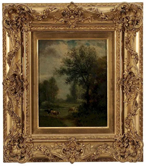 Landscape with Cows, Catskills, New York by James McDougal Hart, oil on fiberboard, offered Jul 2014