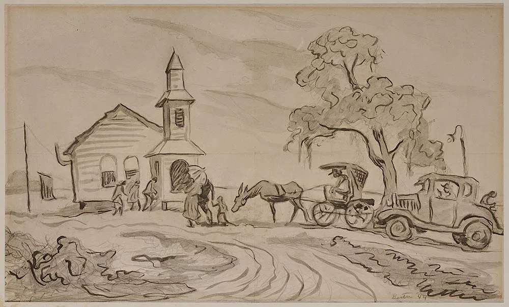 Going to Church by Thomas Hart Benton, pencil and ink wash on paper, offered Jul 2014