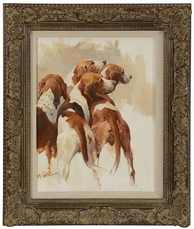 Hounds by Andre Pater, oil on canvasboard, offered Jul 2014