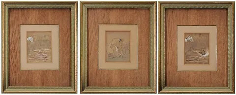 Finch Mason, Three satirical steeplechase scenes, watercolor and bodycolor on brown paper on card