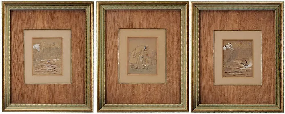 Three satirical steeplechase scenes by Finch Mason, watercolor and bodycolor on brown paper on card, offered Jul 2014