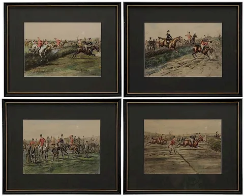 Finch Mason, Four satirical steeplechase scenes, published by Messrs. Fores, London, aquatint with handcoloring on paper