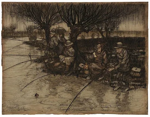 Arthur Rackham, Anglers in the Rain, circa 1910, watercolor and ink on illustration board