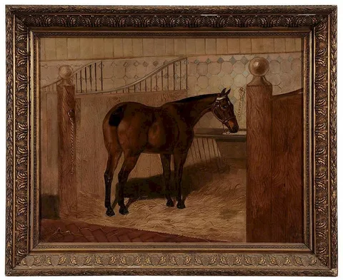 Walter Harrowing, A Bay Hunter in a Stall, oil on canvas