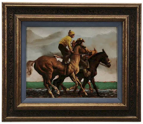 Frank N. Ashley, Santa Anita-Morning Workout-3 Horses, acrylic on masonite