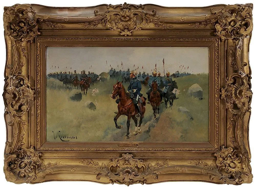 Two Cavalry Regiments on a Hilltop by Josep (José) Cusachs y Cusachs, oil on canvas, offered Jul 2014