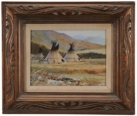 Ron Jenkins, Native American Teepees in a Clearing, oil on canvas board