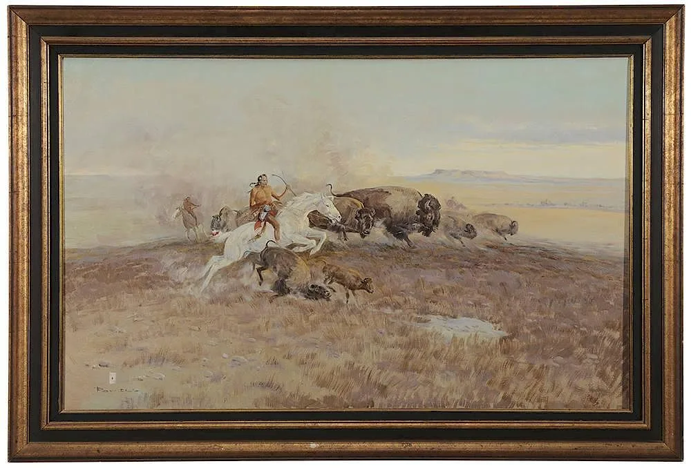 The Buffalo Hunt by Ace Powell, oil on canvas, offered Jul 2014
